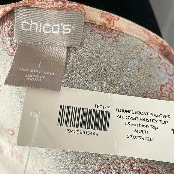 Chico’s NWT Women’s 1 (M) Flounce Front Peach Floral Paisley Semi-Sheer Blouse - Picture 8 of 9